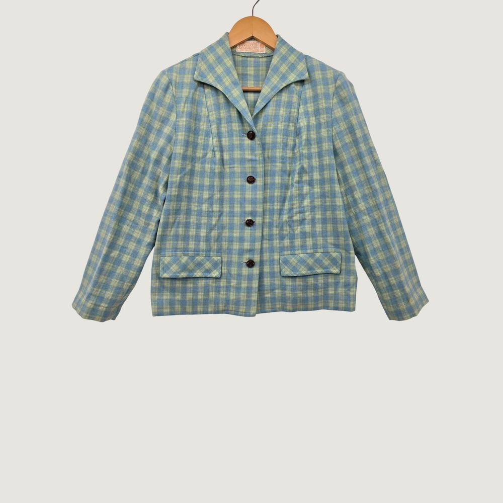 Vintage Pendleton Wool Blazer Plaid Blue Green Jacket Womens Size 14 Authentic